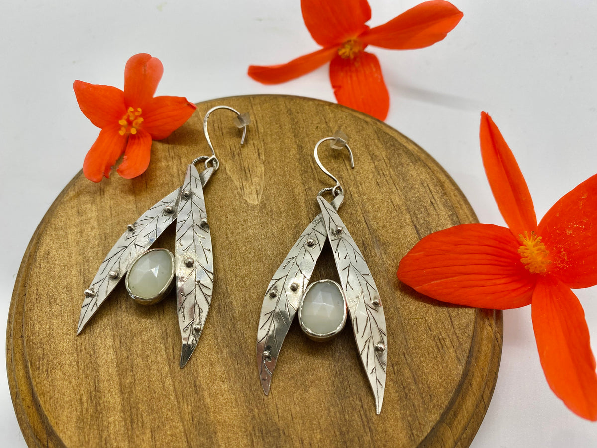 Moonstone and Willow Leaves Dangle Earrings in Sterling Silver