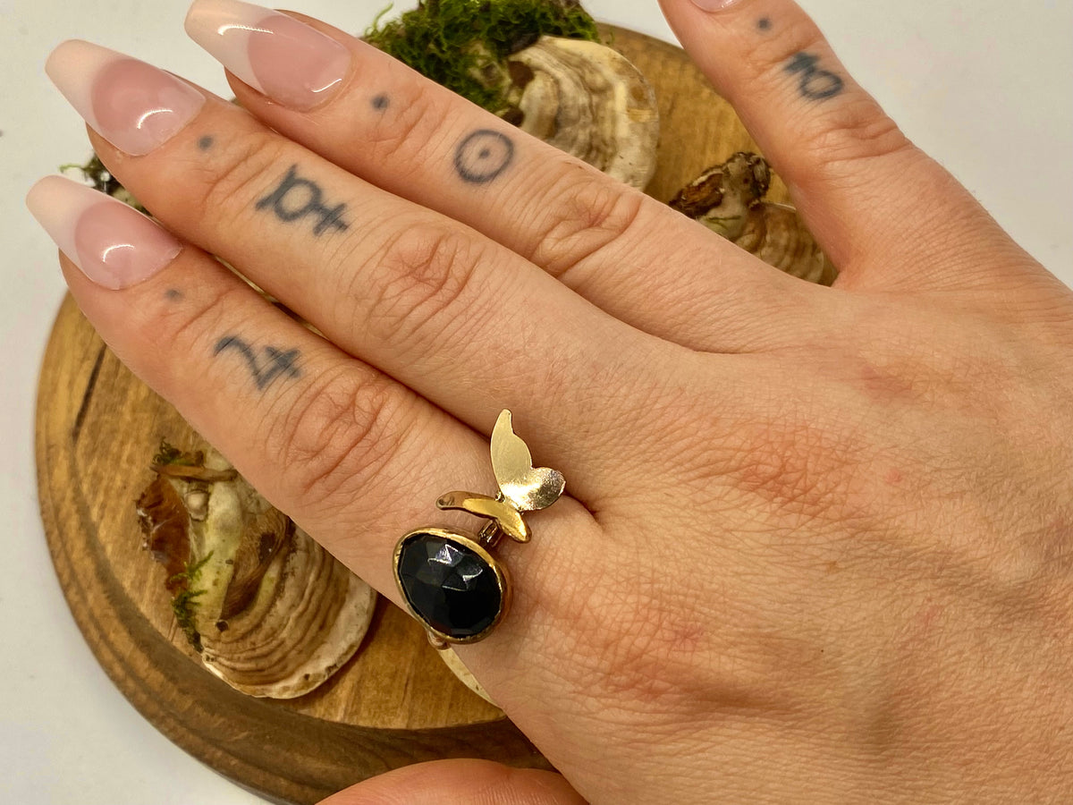 Size 8.75 14k Gold-filled Butterfly Statement Ring with Black Onyx