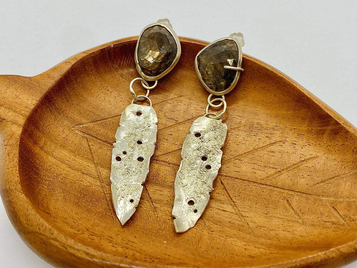 Sterling Silver Decaying Leaf Earrings with Gold Sheen Sapphire