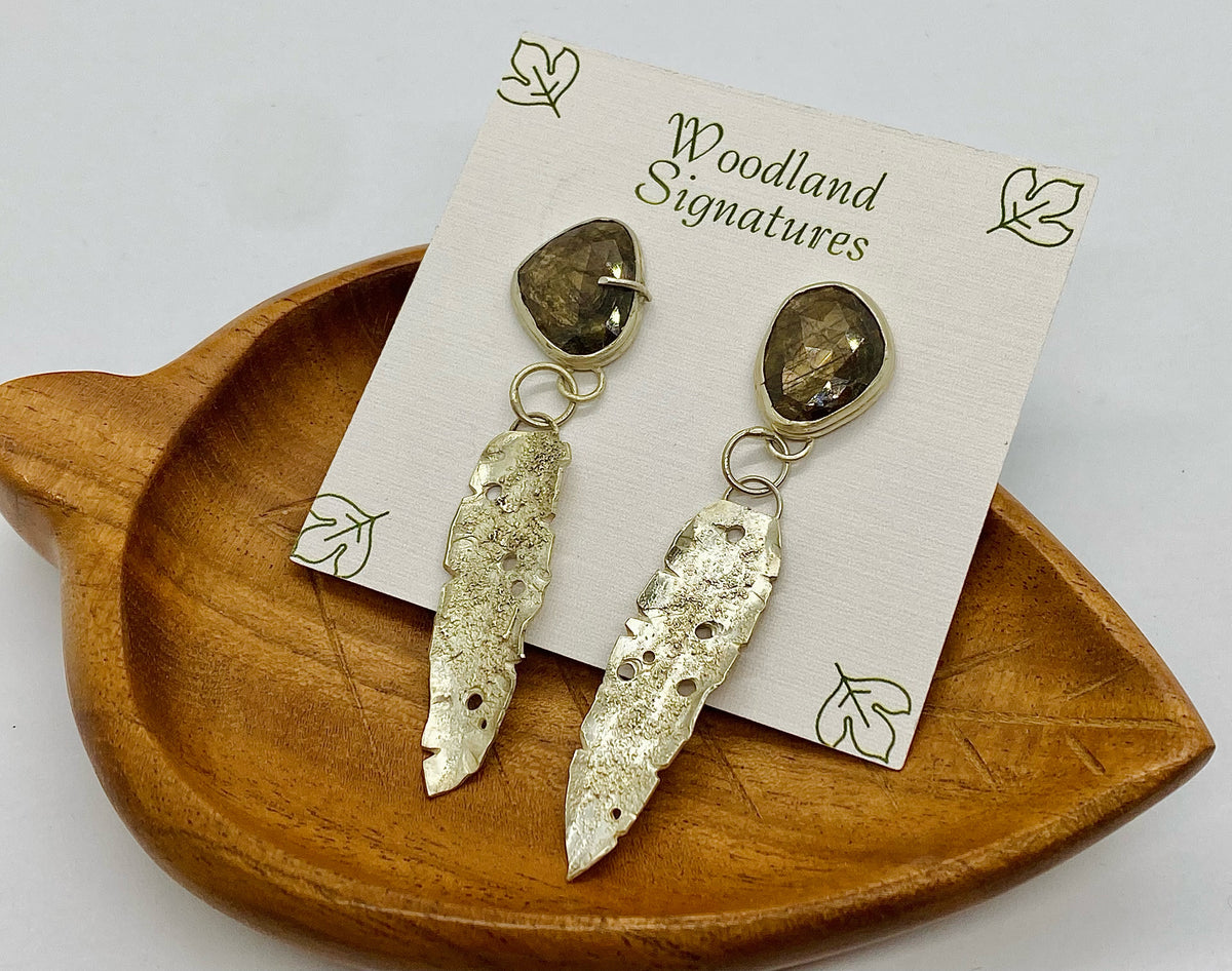 Sterling Silver Decaying Leaf Earrings with Gold Sheen Sapphire